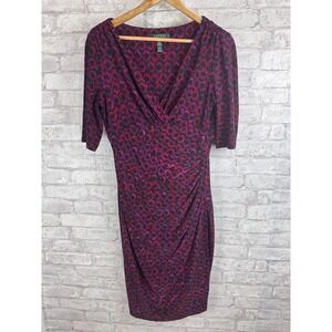 Lauren Ralph Lauren Dress 10 Red Purple Pink Faux Wrap Ruched 3/4 Sleeve Stretch
